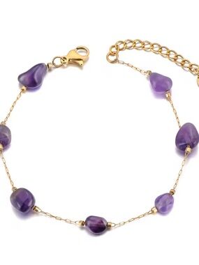 Gorgeous 18k Gold Plated Chain 21 CM Bracelet with Natural Amethyst Stone